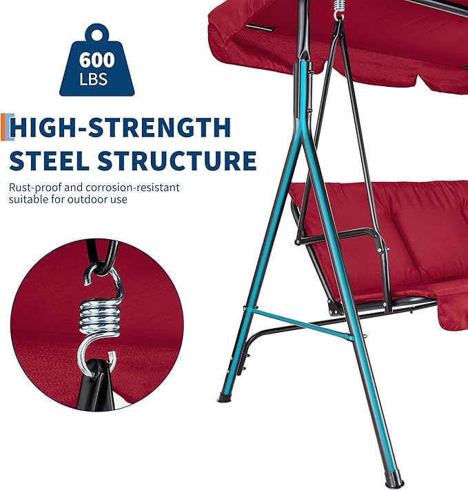 Porch Swing Chair with Adjustable Canopy for Adults 3-Seat Patio Glider Bench with Thick Cushions Steel Frame Outdoor Swing Chair for Backyard Lawn Garden Red