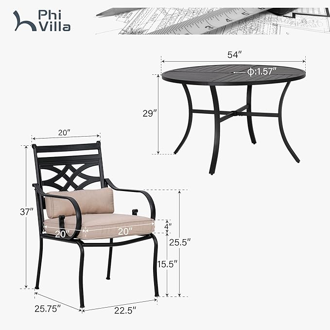 PHI VILLA 7 Pieces Outdoor Dining Set for 6, 54" Round Black Metal Table with Umbrella Hole & Wrought Iron Chairs, Rustproof Large Outside Furniture with Cushions & Pillows for Patio, Deck, Porch