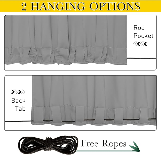 NICETOWN 2 Panels Waterproof Outdoor Curtains Fixed Grommet & Back Tab on Top & Bottom, Thermal Insulated Keep Rain & Sun Out Blackout Windpoorf Outdoor Draperies with Rope, W52 by L84, Silver Grey