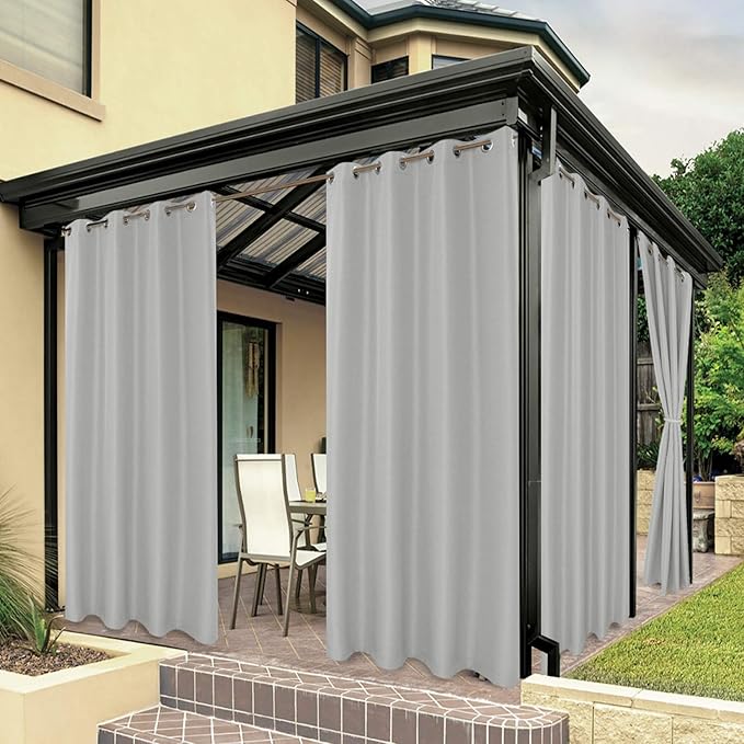 BONZER Waterproof Indoor/Outdoor Curtains for Patio Thick Privacy Grommet Curtains for Bedroom, Living Room, Porch, Pergola, Cabana, 1 Panel, 54W x 108L inch, Silver