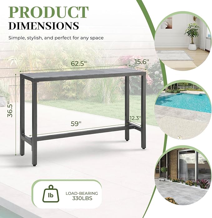 Outdoor Patio Counter Height Bar Table, 63" Rectangle for Patio, Garden, Yard, Balcony, Poolside (Grey)