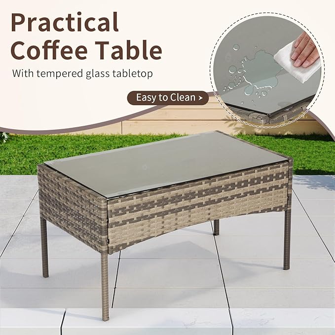 FDW Outdoor Patio Furniture Set Wicker Patio Set PE Rattan Furniture Bistro Set for Outdoor Indoor Use with Loveseats Coffee Table, Blue Cushions, 4 Pieces