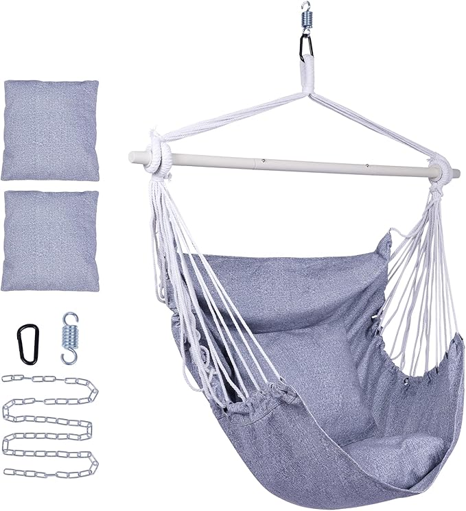 Backyard Expressions Hanging Hammock Chair Swing with Cushions & Hanging Kit – 500 lb Capacity, Cotton Blend Fabric, for Indoor/Outdoor Use – Includes Chain, Hooks & Spring – 5 Colors (Grey)