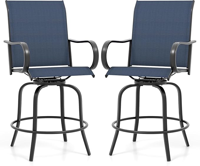 Giantex Set of 2 Swivel Outdoor Bar Stools, All-Weather Bar Height Patio Chairs, 330LBS Capacity, 360 Rotating Outside Bar Chairs with High Back Armrests, for Porch Yard Lawn Garden Pool (Navy)