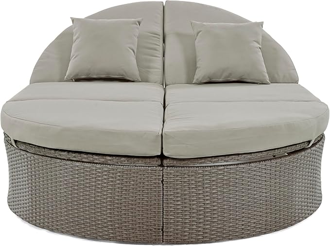 Merax Outdoor Sun Bed Patio 2-Person Daybed with Cushions and Pillows, Rattan Garden Reclining Chaise Lounge with Adjustable Backrests and Foldable Cup Trays for Lawn, Poolside, Grey