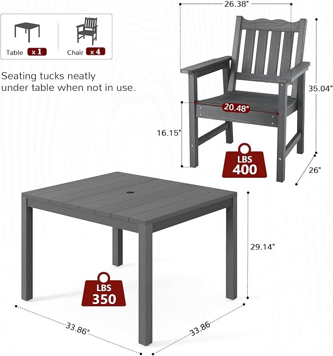 Stoog All-Weather Patio Dining Sets, 5 Pieces Outdoor HIPS Dining Table with Aluminum Frame, Patio Dining Table and 4 Chairs, Low Maintenance, Grey