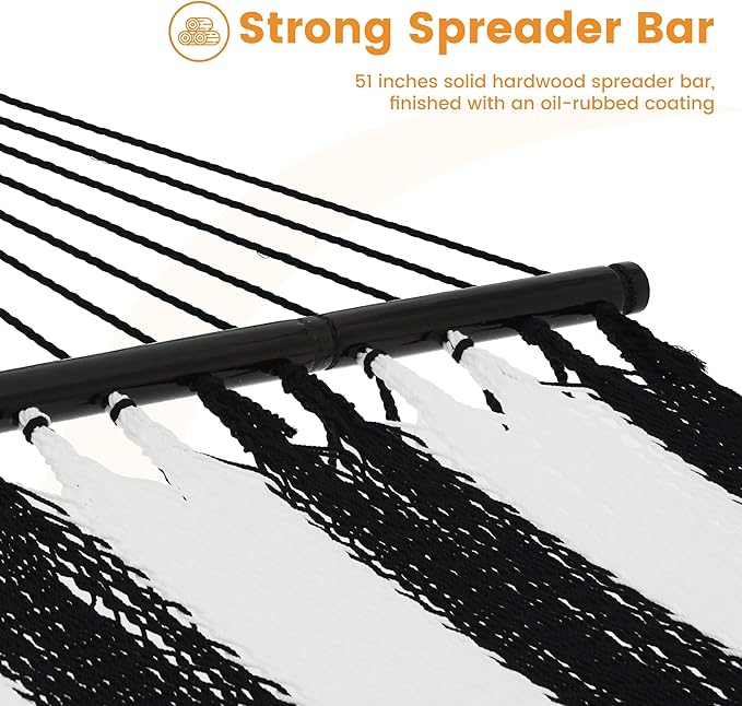 Lazy Daze Hammocks 10.5 FT Double 2 Person Caribbean Rope Hammock, Hand Woven Polyester Hammock with Spreader Bars, for Outside Outdoor Backyard Patio Poolside, 450 LBS Capacity, Black/White