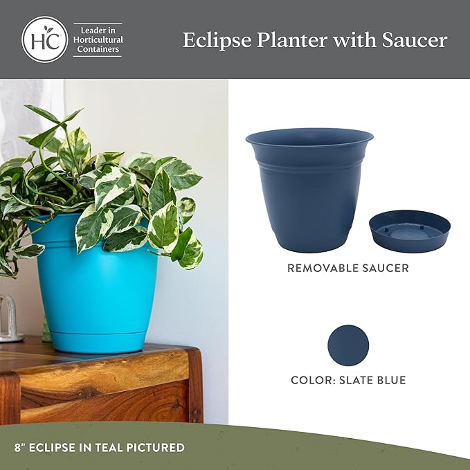 The HC Companies 12 Inch Eclipse Round Planter Pots with Drainage Holes & Attached Saucer, Lightweight UV-Resistant Plastic Indoor & Outdoor Planters, 2-Pack Flower Pots, Garden Home Decor, Slate Blue