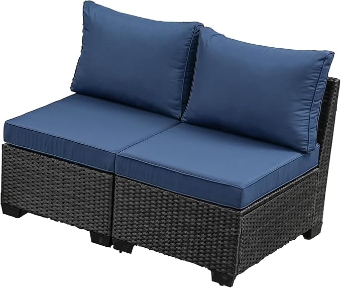 Jing's Villa 2 Piece Patio Wicker Armless Sofa, All-Weather Outdoor Sectional Sofa Set with Thick Seat Cushions and 2 Back Cushions for Garden Patio, Backyard, Poolside Navy