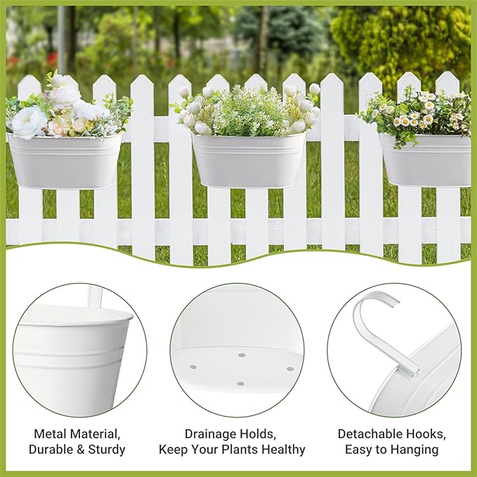 Dahey 3 Pcs 10.5 Inch Metal Iron Hanging Flower Pots for Railing Fence Hanging Bucket Pots Countryside Style Window Flower Plant Holder with Detachable Hooks Home Decor,White