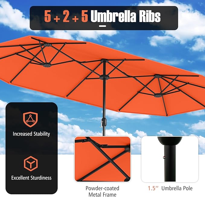 Tangkula 9 Piece Rattan Outdoor Dining Set with 13Ft Umbrella for 6, Outdoor Wicker Table Set with 6 Cushioned Armchairs, Acacia Wood Top, Outdoor Umbrella & with Base Included