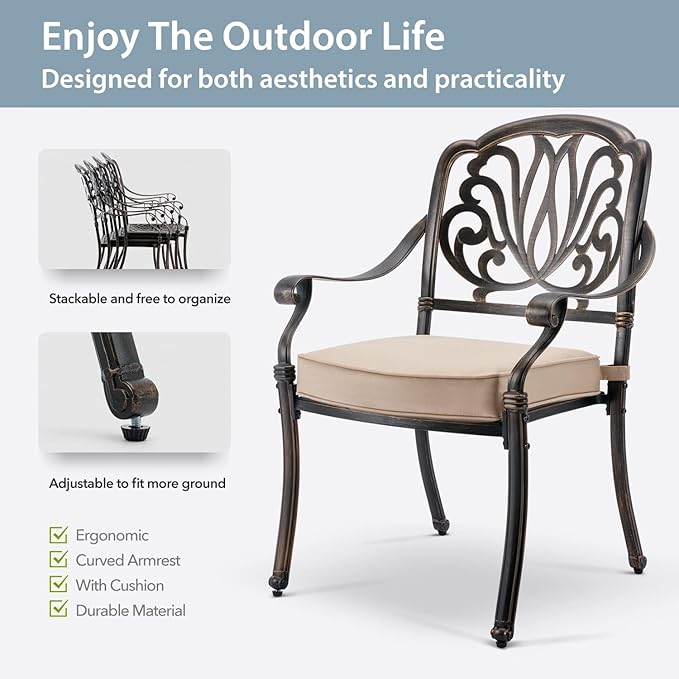 7-Piece Cast Aluminum Patio Furniture, Outdoor Dining Sets for 6 Include 54" Round Patio Dining Table and 6 Stackable Chairs with Cushions & Umbrella Hole (Bronze)