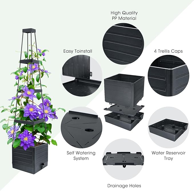MQUPIN Tomato Planter Box with Trellis for Garden, 57 Inch Self-Watering Raised Garden Bed, Patio Tomato Cage for Climbing Vegetables & Flowers, Upgraded Tomato Pot for Indoor Outdoor Use(1 Pack)