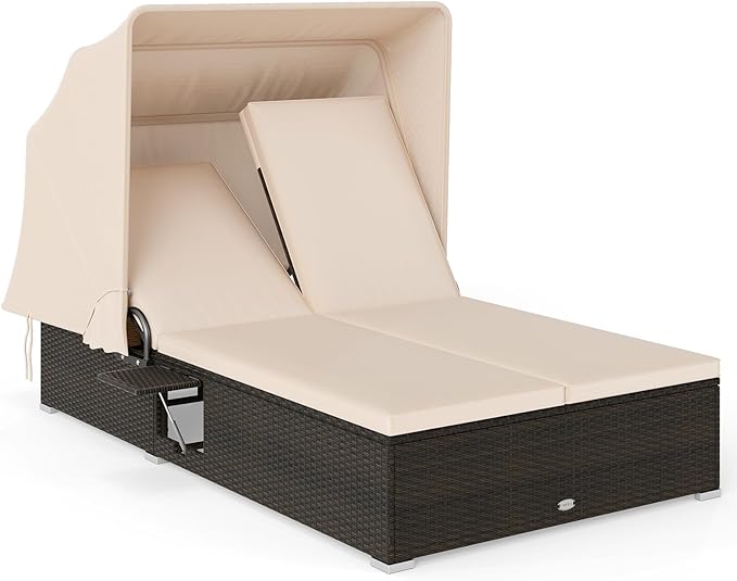 Tangkula Outdoor Rattan Daybed with Canopy & 6-Level Adjustable Backrests, 2-Person Wicker Recliner Bed with Cushions & Folding Side Trays, Double Sunbed Lounger for Balcony, Backyard & Poolside