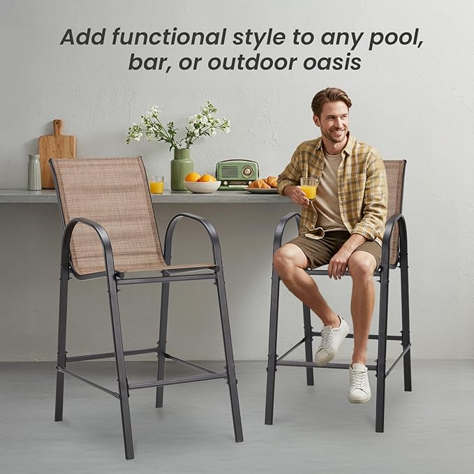 HOMREST Outdoor Bar Height Stools Set of 6,Stackable Patio Chairs with Armrests, High Back Textilene Chairs with Breathable Fabric & Metal Frame for All Weather,Brown