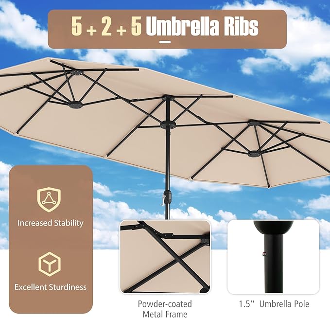 Tangkula 9 Piece Rattan Outdoor Dining Set with 13Ft Umbrella for 6, Outdoor Wicker Table Set with 6 Cushioned Armchairs, Acacia Wood Top, Outdoor Umbrella & with Base Included