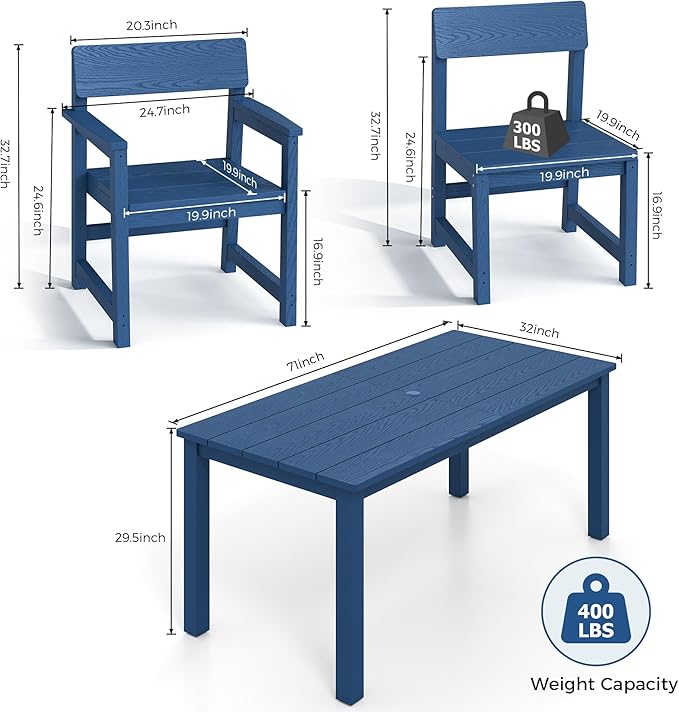 7 Piece Outdoor Dining Table Set HIPS Patio Dining Sets with Umbrella Hole Outdoor Furniture for 6 All Weather Patio Furniture Set for Outside Deck Backyard Poolside Garden, Deep Blue
