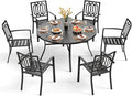 PHI VILLA 7 Pieces Outdoor Round Dining Set for 6, Wrought Iron Dining Circular Table with Umbrella Hole & Stackable Metal Steel Chairs, Large Dining Furniture Set for Patio, Deck, Yard, Porch