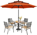 PHI VILLA 5 Pieces Outdoor Dining Set for 4 with Umbrella, 37" Square Wood-Like Steel Table & Stackable Iron Chairs with Cushions & 10ft Red Umbrella, Modern Furniture for Patio, Deck, Yard, Porch