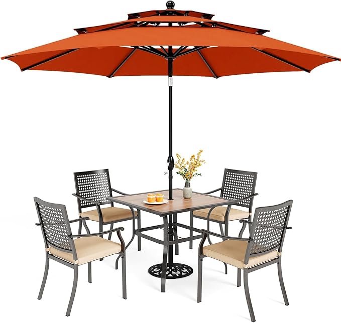 PHI VILLA 5 Pieces Outdoor Dining Set for 4 with Umbrella, 37" Square Wood-Like Steel Table & Stackable Iron Chairs with Cushions & 10ft Red Umbrella, Modern Furniture for Patio, Deck, Yard, Porch