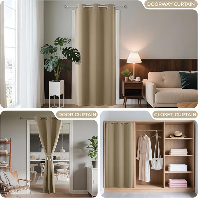 Joydeco Blackout Door Curtain for Doorway Privacy 90 Inches Long, Grommet Closet Curtain for Open Closet, Room Divider for Bedroom Living Room (Light Beige, 52Wx90L, 1 Panel)