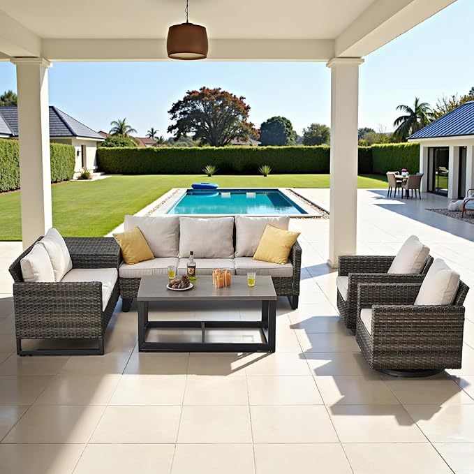 Belord Family Reunion Patio Conversation Set - 6 Piece Outdoor Sectional Furniture Set with Storage Box and Wicker Swivel Glider Chair Set of 2,Removable Beige Cushions for Deck Backyard Sunroom