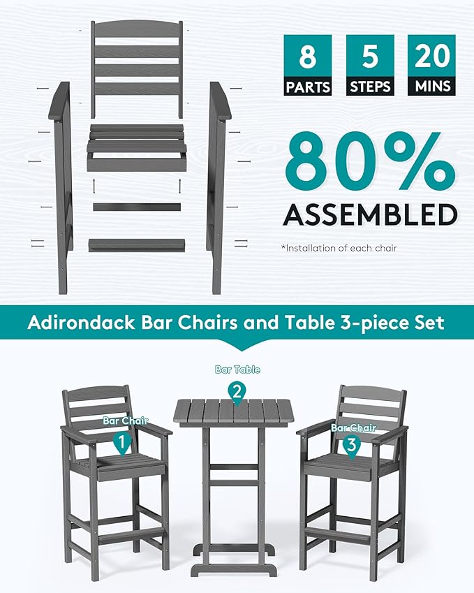 SERWALL 6 Pieces Outdoor Patio Bar Set with 9ft Umbrella, Outdoor HDPE Barstool and Table Furniture Set with Patio Umbrella, Gray