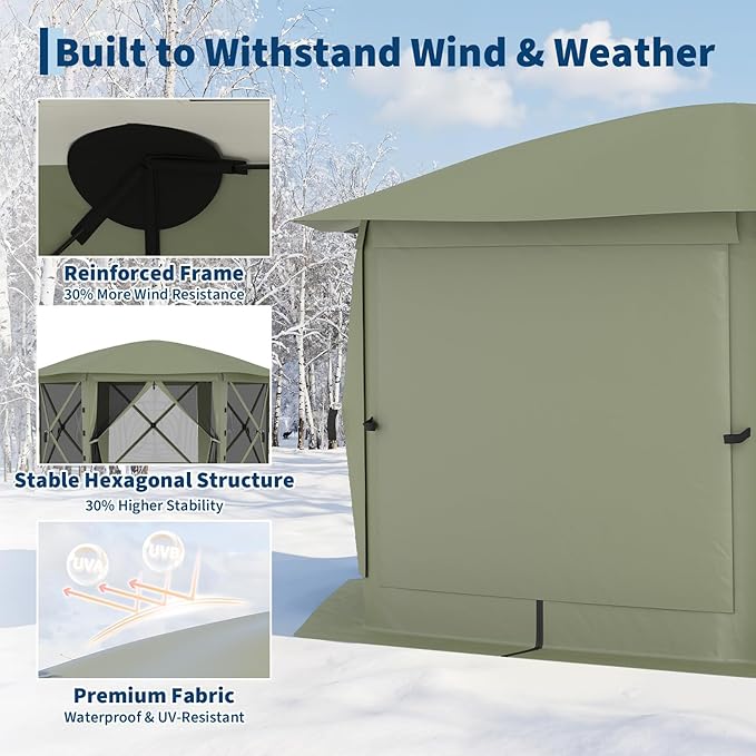 11.5x11.5FT 6-Sided Pop Up Gazebo Tent，One-Push Setup Canopy Tent with Mesh Panels & Removable Wind Cloths, Outdoor shelter for Camping, Backyard Parties, Outdoor Events - Army Green