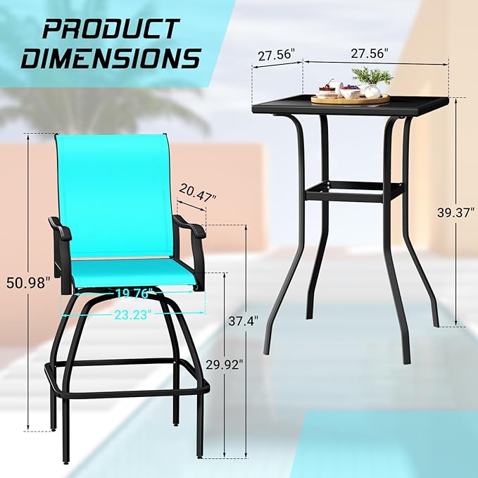 LEVELEVE Patio Bar Set 2pcs Swivel Bar Stools Outdoor Bistro Textilene Furniture Stability All-Weather Set (5, Lake Blue Padded)