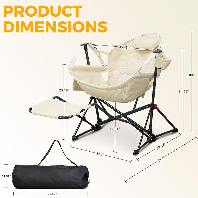 Ainfox Hammock Chair with Footrest, Oversized Swinging Portable Folding Camping Chairs for Adults Outside Swinging Camp with Cup Holder Pillow for Outdoor Patio Lawn Beige