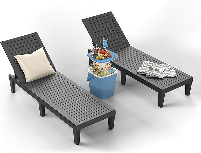 ROJIK Outdoor Chaise Lounge Chair Set of 2,with 5-Position Adjustable Backrest,Waterproof & Lightweight | Durable Indoor/Outdoor Patio Lounger Chair for Garden Pool Beach,Black