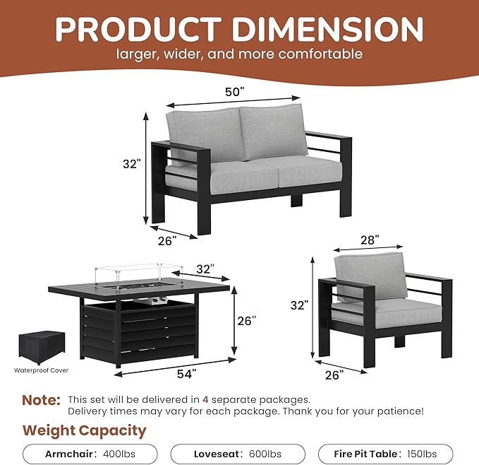 Solaste Aluminum Patio Furniture Set with Fire Pit Table, 4 Piece Metal Outdoor Furniture with Water-Resistant Cushions, Modern Patio Conversation Set for Backyard,Black Frame and Grey Cushion