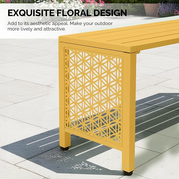 VINGLI 40in Outdoor Metal Bench, All-Weathe Backless Patio Bench with Slatted Seat＆Floral Side Panels, Rust-Resistant Garden Bench, Weatherproof Outdoor Seating for Porch Entryway Backyard (Yellow)