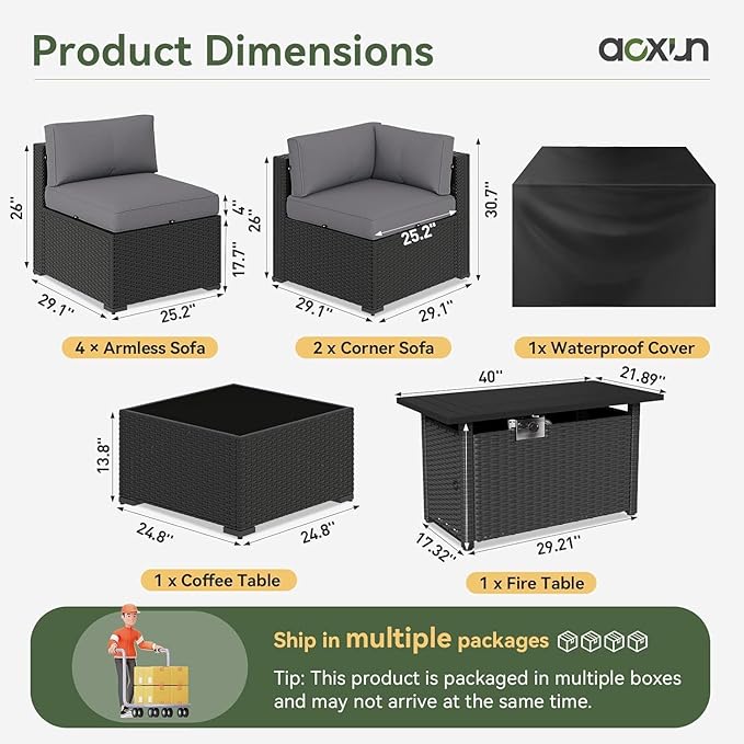 Aoxun 8 Piece Patio Furniture Set with 44” Fire Pit Table, Wicker Rattan Patio Sectional Sofa, Outdoor Furniture Set with Thickened Cushion, Grey
