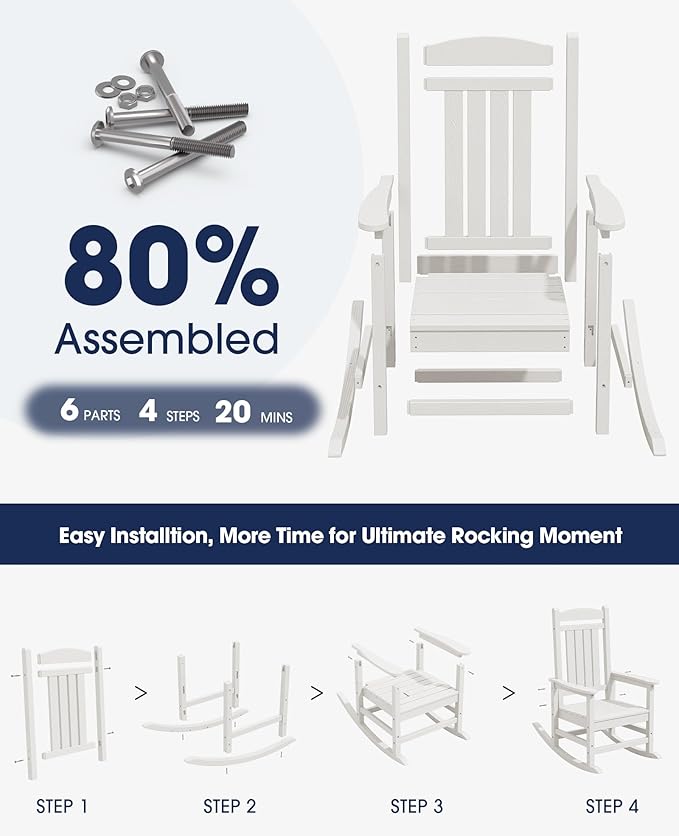 KINGYES HDPE Patio Rocking Chair Set of 2, Outdoor Rocking Chairs Porch Rocker for Adults, White