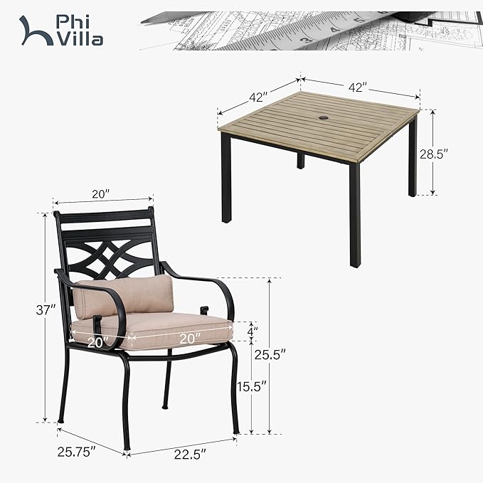 PHI VILLA 5 Pieces Outdoor Dining Set for 4, 42" Square Brown Metal Table with Umbrella Hole & Wrought Iron Chairs, All Weather Large Outside Furniture with Cushions & Pillows for Patio, Deck, Porch