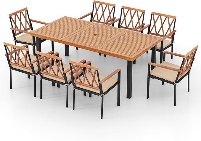 Tangkula 9 Pieces Patio Dining Set, Outdoor Acacia Wood Table and Chairs with Soft Cushions and 1.9” Umbrella Hole, Outdoor Patio Furniture Set for Garden, and Backyard