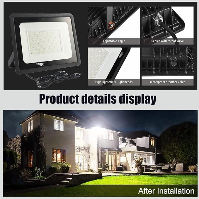 4Pack LED Flood Light Outdoor,150W LED Work Light 15000lmwith 6FT US Plug,IP66 Waterproof Exterior Security Lights,6000K Daylight White Outside Floodlights Slim Design for Playground Yard