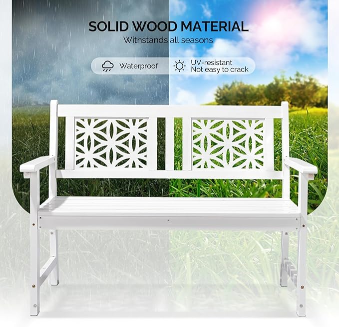 VINGLI 47" Outdoor Wood Bench, All Weather Outdoor Wooden Patio Garden Bench, Outside Loveseat 660lbs Capacity for Front Porch Park Entryway (White)