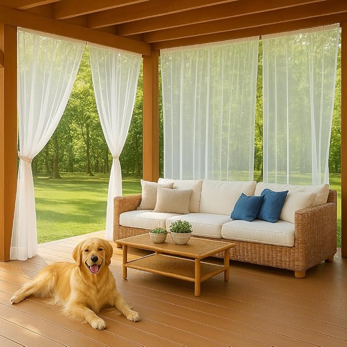 10 x 10 ft Outdoor White Tulle Backdrop Curtains Waterproof Voile Sheer Screen Breathable Mash Netting Light Filtering Privacy Curtains for Patio Porch Yard Pergola Gazebo, 2 Panels
