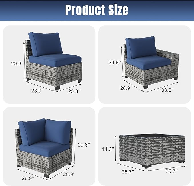 Aoxun 12 Pieces Patio Furniture Set Wicker Rattan Outdoor Sectional Conversation Set with Coffee Table and 4” Thickened Cushions, Gray Blue(Waterproof Cover Included)