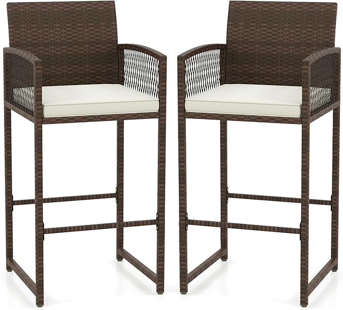 Tangkula Patio Bar Stools Set of 2, PE Rattan Bar Height Chairs with Backrests, Armrests, Footrests & Soft Cushions, Outdoor High Top Barstools with Metal Frames for Backyard (2 Pack)