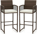 Tangkula Patio Bar Stools Set of 2, PE Rattan Bar Height Chairs with Backrests, Armrests, Footrests & Soft Cushions, Outdoor High Top Barstools with Metal Frames for Backyard (2 Pack)
