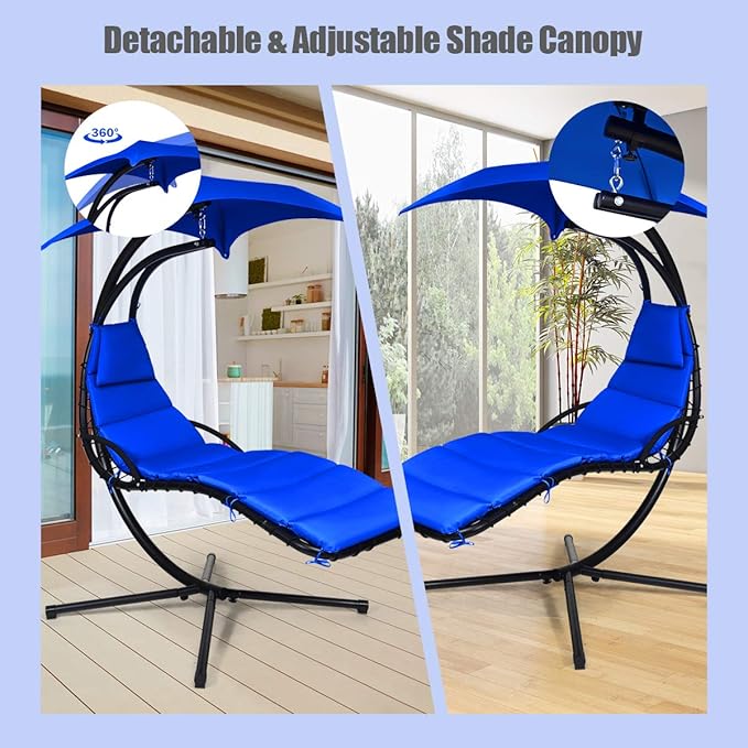 Giantex Hanging Chaise Lounger Chair, Arc Stand Porch Swing Chair w/Canopy, Cushion Built-in Pillow, Outdoor Freestanding Swing Hammock Chair for Patio Poolside Backyard Garden (Navy)