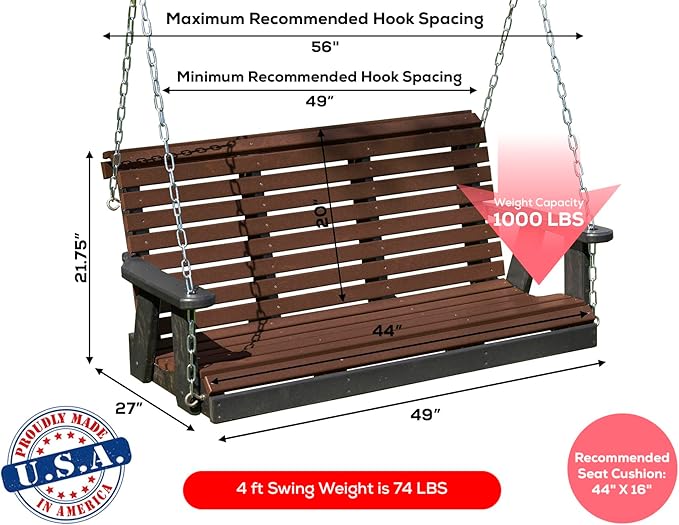 Poly Lumber Wood 4FT Porch Swing Amish Craftsmandship Made in USA HDPE with No wood fibers and 1000 lbs Limit. Stainless Steel Hardware.Signature Rollback design for Patio Outdoor Backyard Garden Park