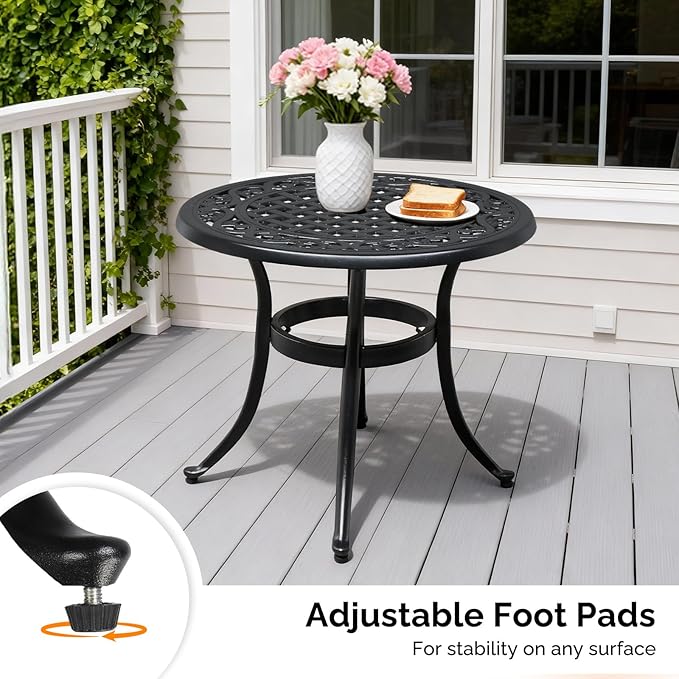 VINGLI 24” Cast Aluminum Outdoor Side Table, All Weather Round Patio Side Table End Table for Porch Backyard Balcony Outside (Black)