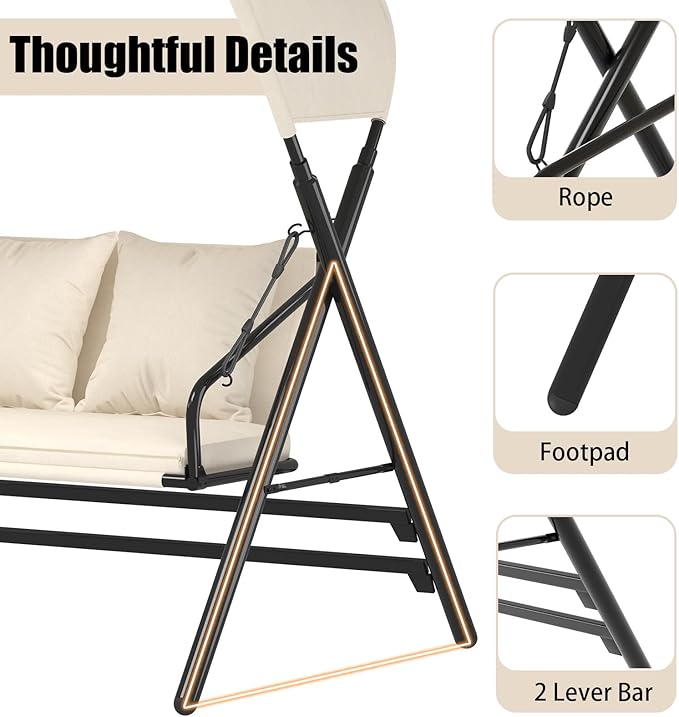 U-MAX 2 Seat Outdoor Porch Swings for Adults Patio Swings with Canopy Stand Metal Steel Frame Patio Swing Chair for Garden Yard Deck Poolside Easy Assembly, Cream White