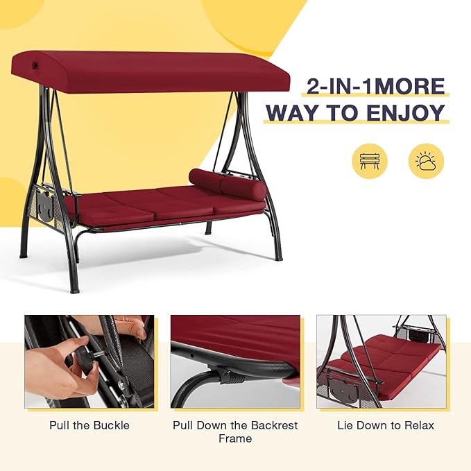 HOMREST 3 Person Outdoor Porch Swing with 1.5" Upgraded Cup Holder, Adjustable Canopy, Backrest, Patio Swing Bed with Weather Resistant Steel Frame, Cushions for Garden,Deck and Poolside(Wine Red)