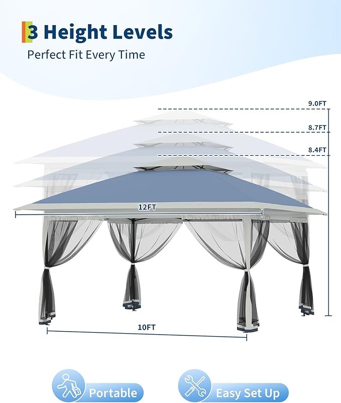 Canopy Tent 12x12 ft, Pop Up Gazebo One-Push Setup with 4 SandBags for Backyard Parties and BBQs, Mosquito Netting & Height Adjustable - Navy Blue