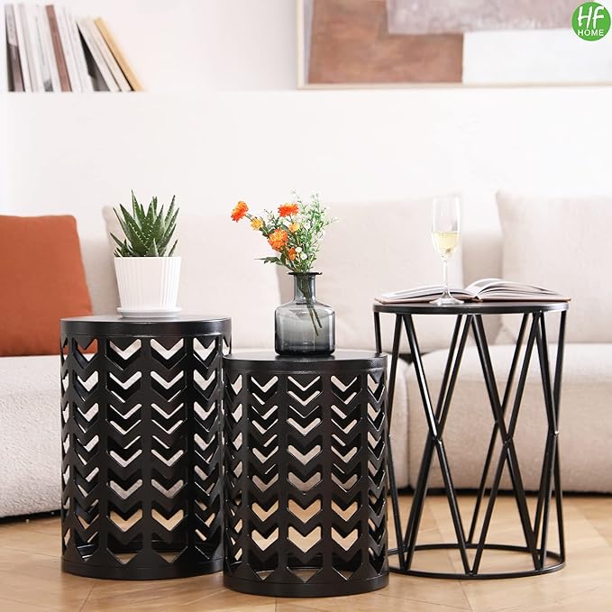 HFHOME Multifunctional Nesting Round Metal Coffee End Tables, Set of 3 Modern Furniture Nightstands Decor Side Tables Plant Stand for Home Office Indoor Garden Outdoor- Pure Black